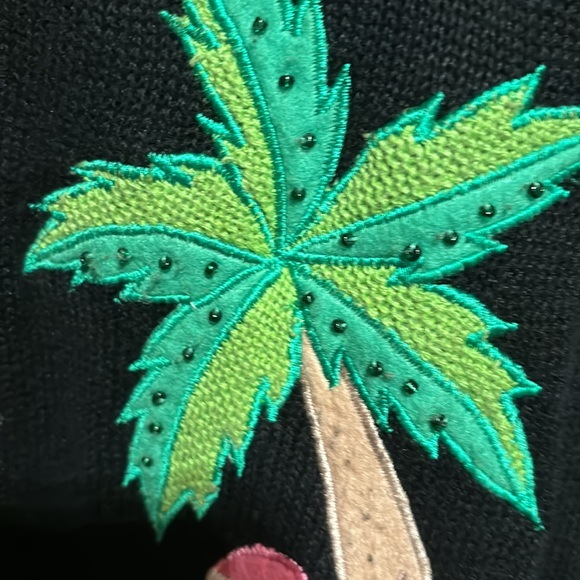 Ladies Large black sweater featuring palms and flamingos - Picture 3 of 5